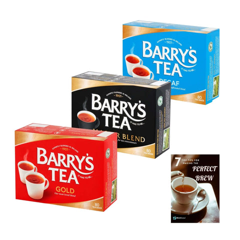 Barrys Tea Bags Tea Selection Bundle - 240 Tea Bags with Barry's Tea Gold Blend, Master Blend, and Irish Breakfast Tea Including Mint Retail Perfect Brew Guide